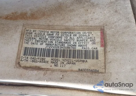 1989 Toyota Camry Le from USA, damaged, VIN JT2VV22E2K0086760